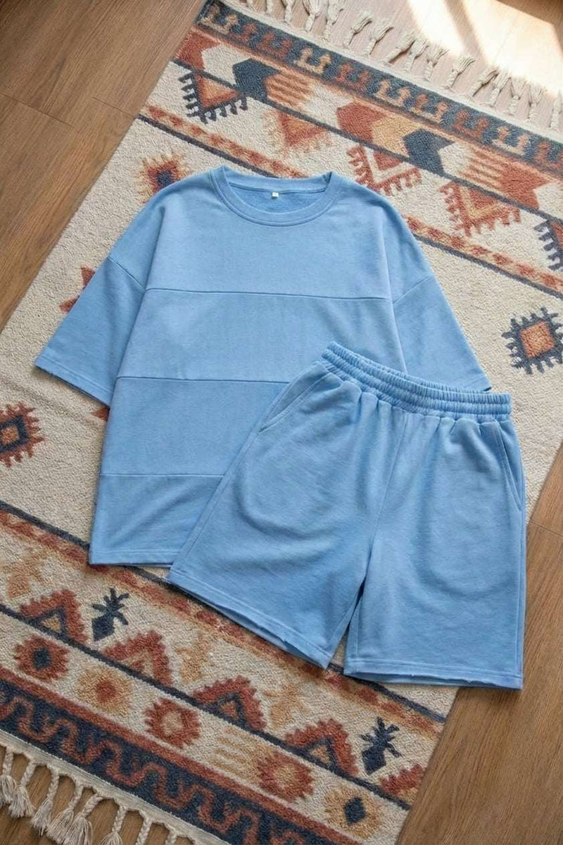 PureOnSkin Breathable 100% Cotton Woman Round Neck Top & Shorts Set for Sensitive Skin & Eczema Comfort – Pastel Blue