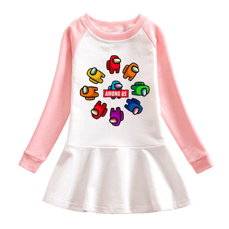 Girls Korean Style Cartoon Long Sleeve Dress – Pink