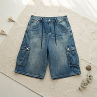 PureOnSkin Men's Premium 100% Cotton Relaxed Fit Cargo Denim Shorts Low-Friction Breathable Utility Shorts