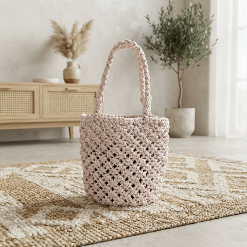 100% Cotton Handmade Crochet Handbag – Beige