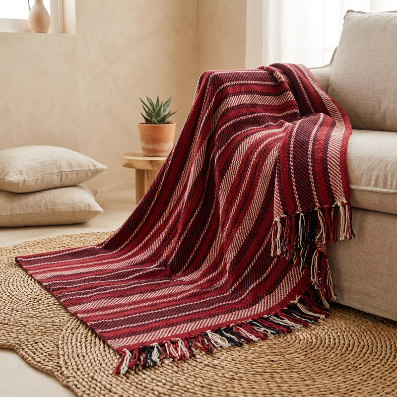 Stella 100% Cotton Knitted Throw Rug Red Multi