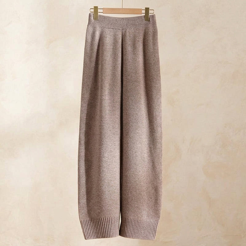 Women’s 100% Australian Merino Wool High Waisted Wide Leg Knitted Pants – Gray