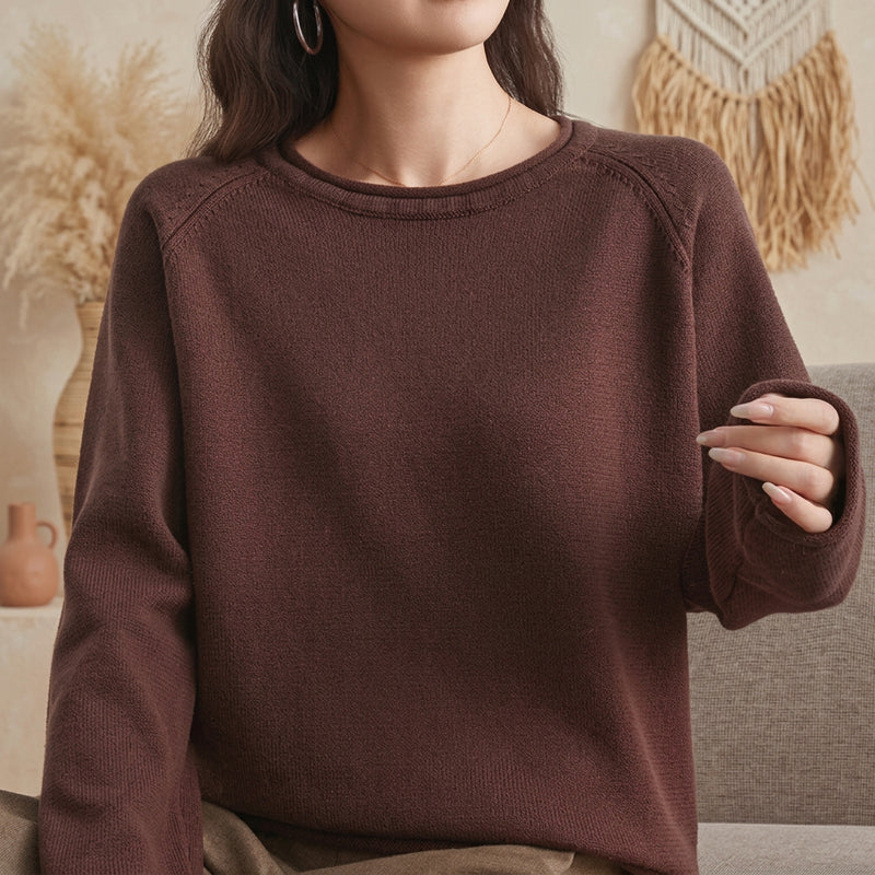 PureOnSkin Women’s 100% Pure Cotton Raglan Sleeve O-Neck Knit Pullover Sweater – Brown