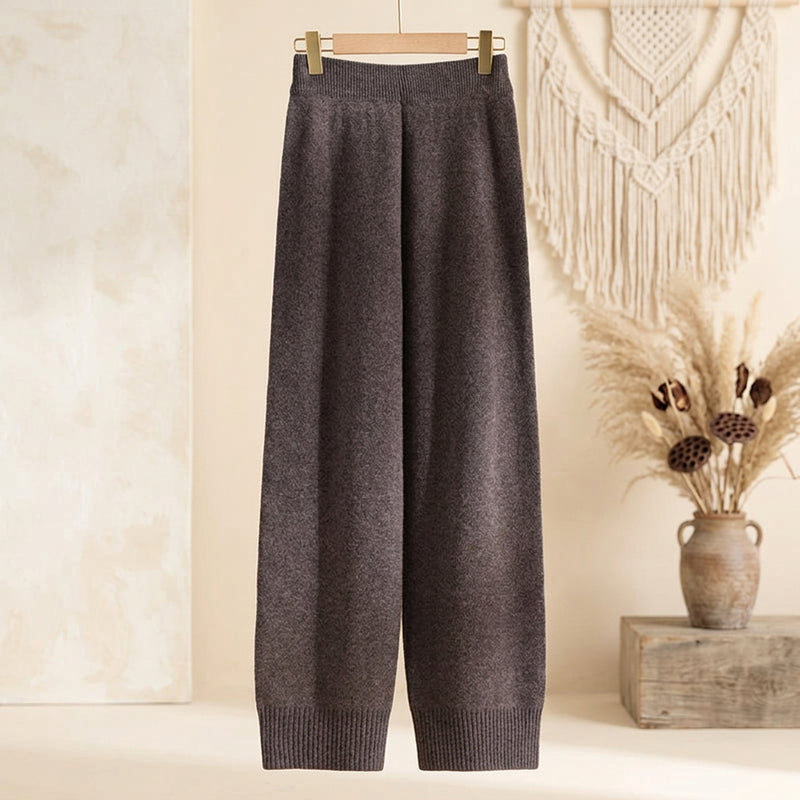 Women’s 100% Australian Merino Wool High Waisted Wide Leg Knitted Pants – Brown