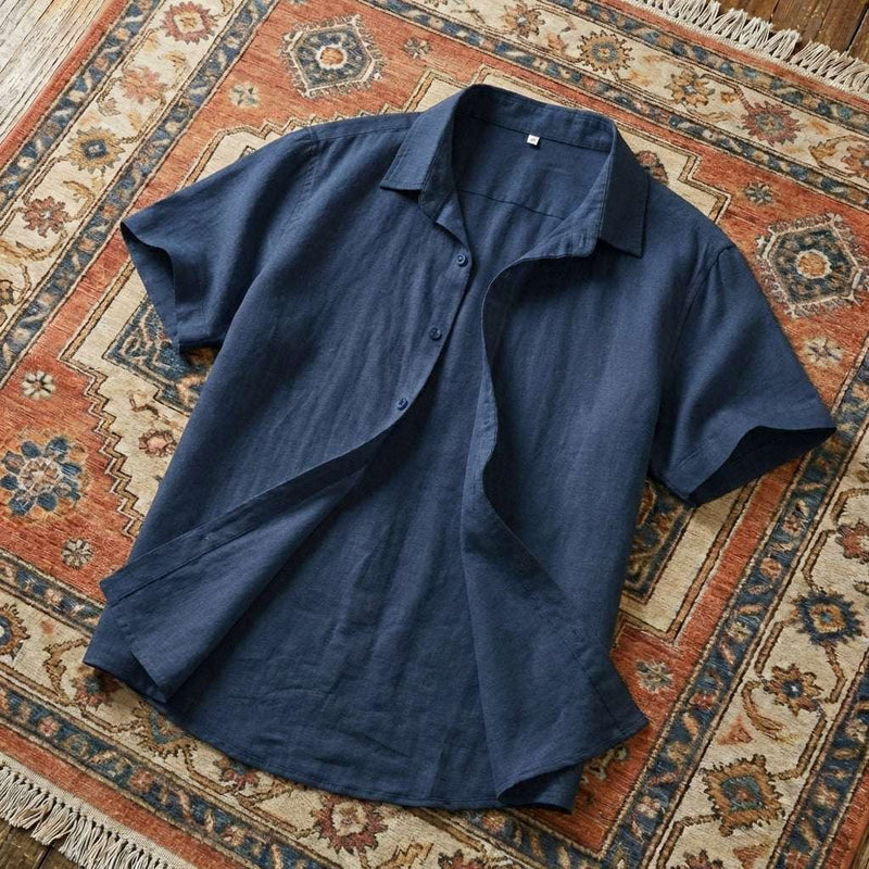 PureOnSkin Breathable Men’s Casual Cotton Linen Short Sleeve Shirt for Sweat-Induced Dermatitis & Friction Relief – Dark Blue
