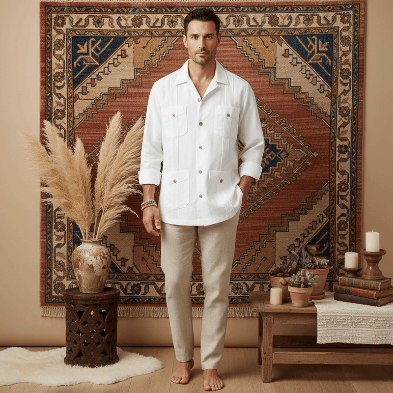 PureOnSkin Breathable Men’s White Cotton Buttoned Pocket Long Sleeve Shirt for Sensitive Skin & Eczema Relief – White