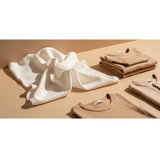 Soft, 100% natural fiber baby clothes curated to prevent eczema flare-ups and skin irritation.