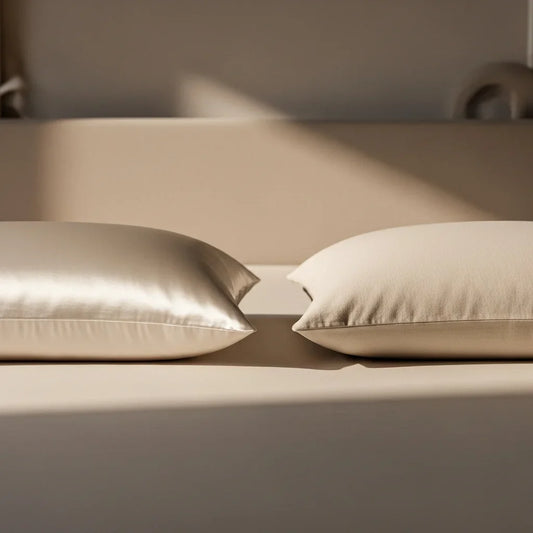 A comparison display of a silk pillowcase and a cotton pillowcase focusing on skin and hair benefits.