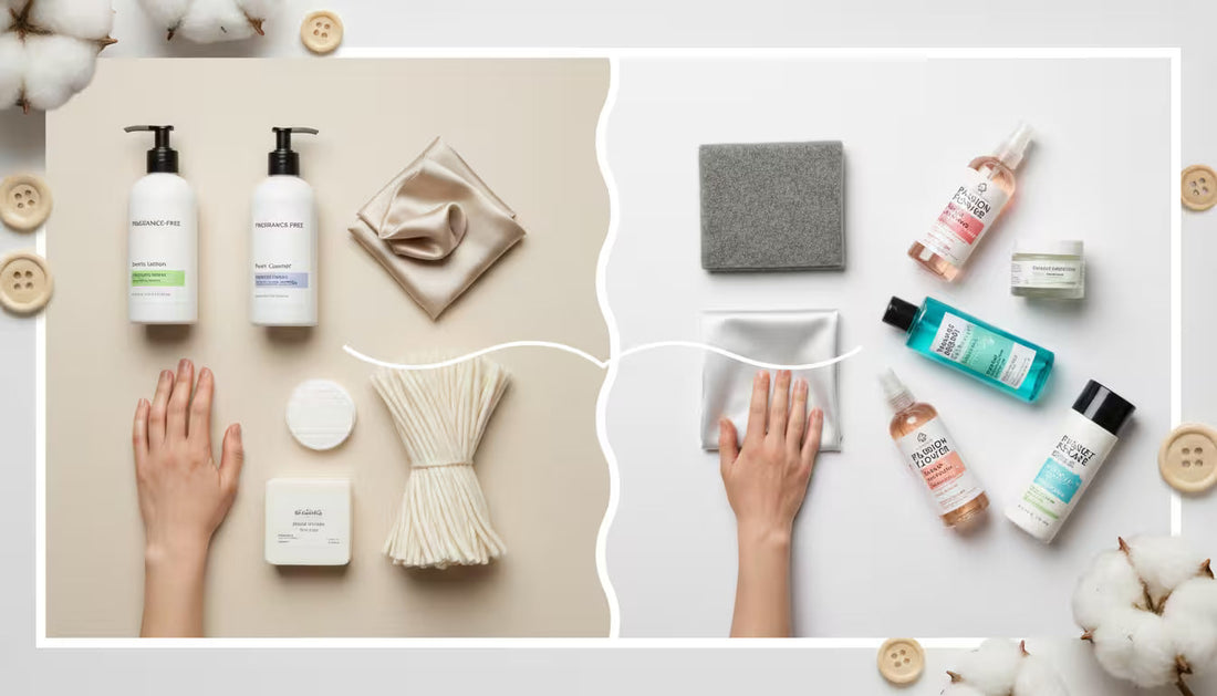 An assortment of fragrance-free personal care items highlighting why sensitive skin types should avoid scented products.