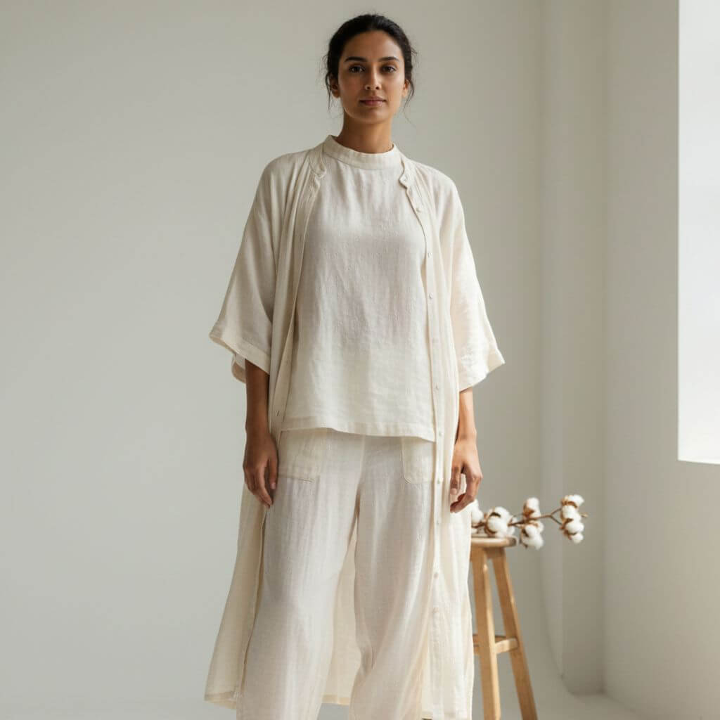 Women’s clothing and home essentials made from soft, breathable fabrics like cotton, linen, bamboo, and silk, gentle and safe for sensitive skin.