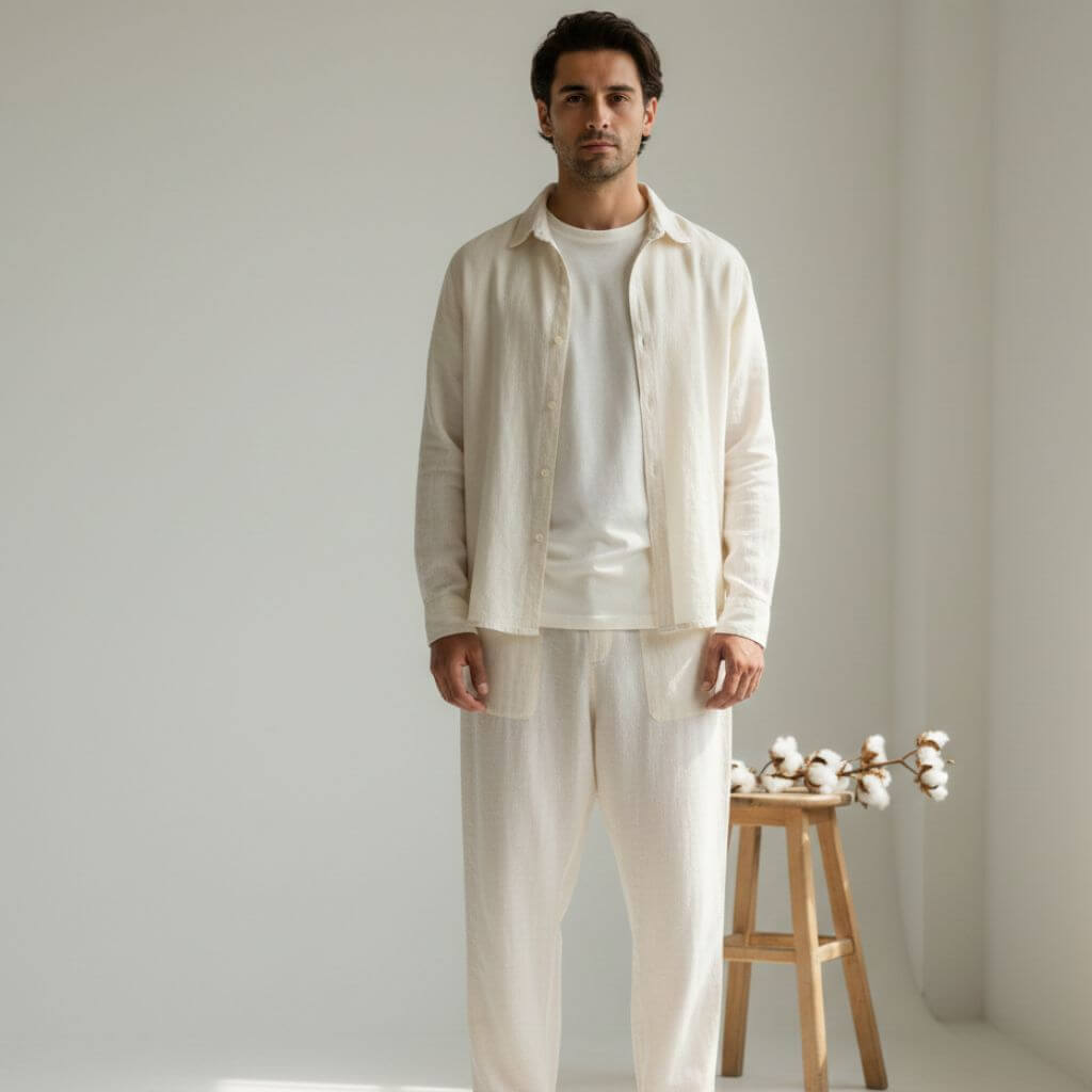 Men’s clothing and home essentials crafted from soft, breathable fabrics like cotton, linen, bamboo, and silk, designed for comfort and sensitive skin.
