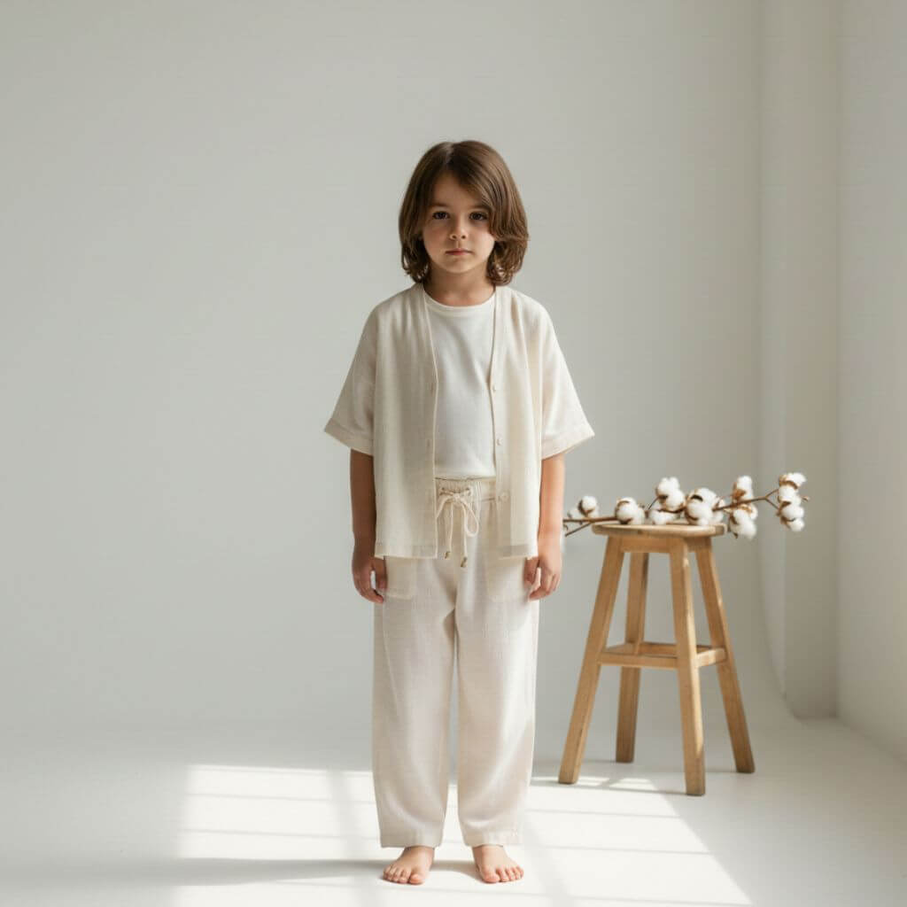 Kids’ clothing and home essentials made from soft, breathable fabrics like cotton, linen, bamboo, and silk gentle and safe for sensitive skin.