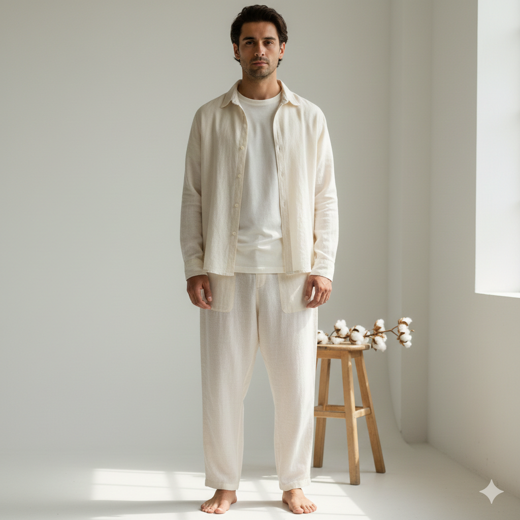 Men’s clothing and home essentials crafted from soft, breathable fabrics like cotton, linen, bamboo, and silk, designed for comfort and sensitive skin.