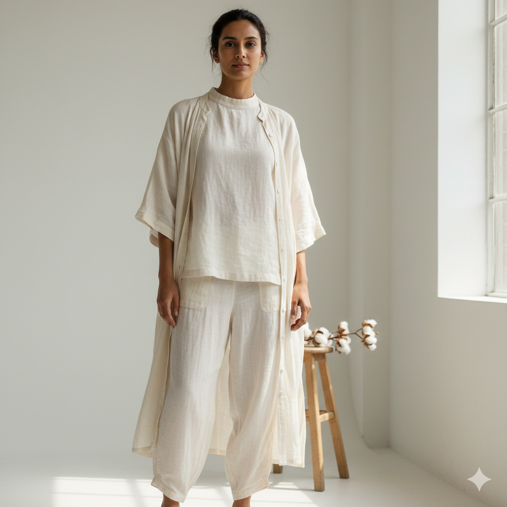 Women’s clothing and home essentials made from soft, breathable fabrics like cotton, linen, bamboo, and silk, gentle and safe for sensitive skin.