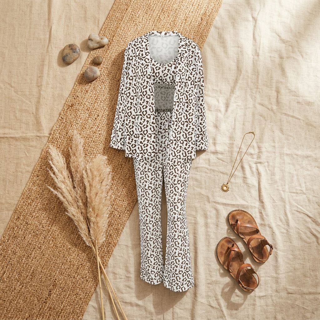 PureOnSkin Women's Cotton Linen Leopard Print 3-Piece Pajama & Sleepwear Set