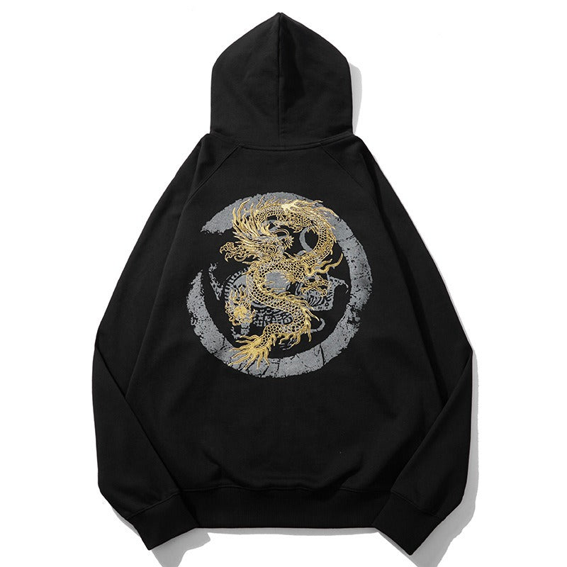Men's Heavy Industry Embroidered Golden Dragon Pure Cotton Loose Hooded Sweatshirt