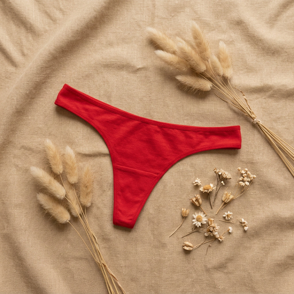 A bright red thong-style underwear piece laid flat on a light gray fabric surface, with a white card featuring cotton stems placed behind it as a styled prop.