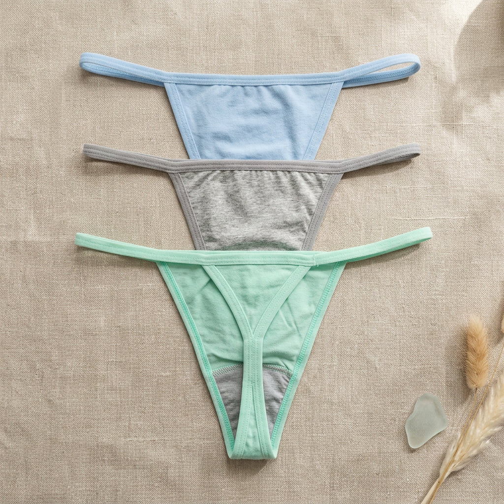 Three pairs of women's thong-style underwear laid flat on a gray surface, stacked vertically. The top pair is light blue, the middle is heather gray, and the bottom is mint green with a gray mesh panel.