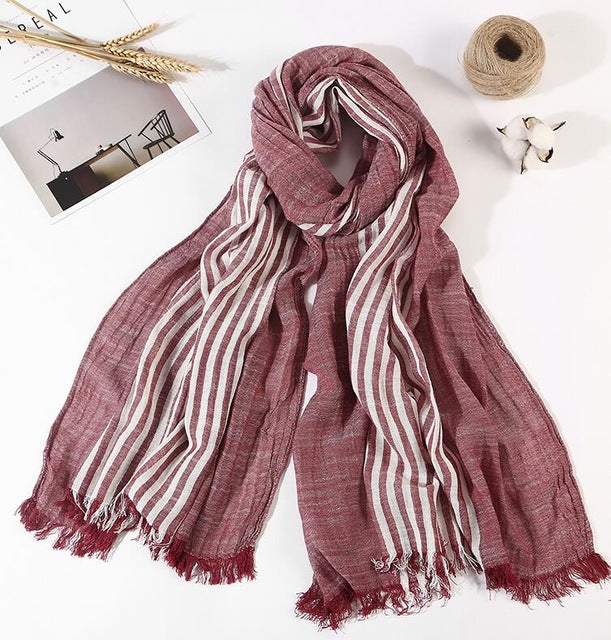 Men's 100% Cotton Striped Long Scarf – Wine