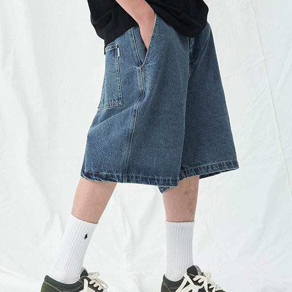 Men's Simple Loose Fit Mid-Rise Light Blue Cotton Denim Shorts