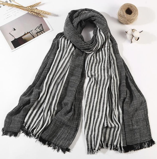 Men's 100% Cotton Striped Long Scarf – Black