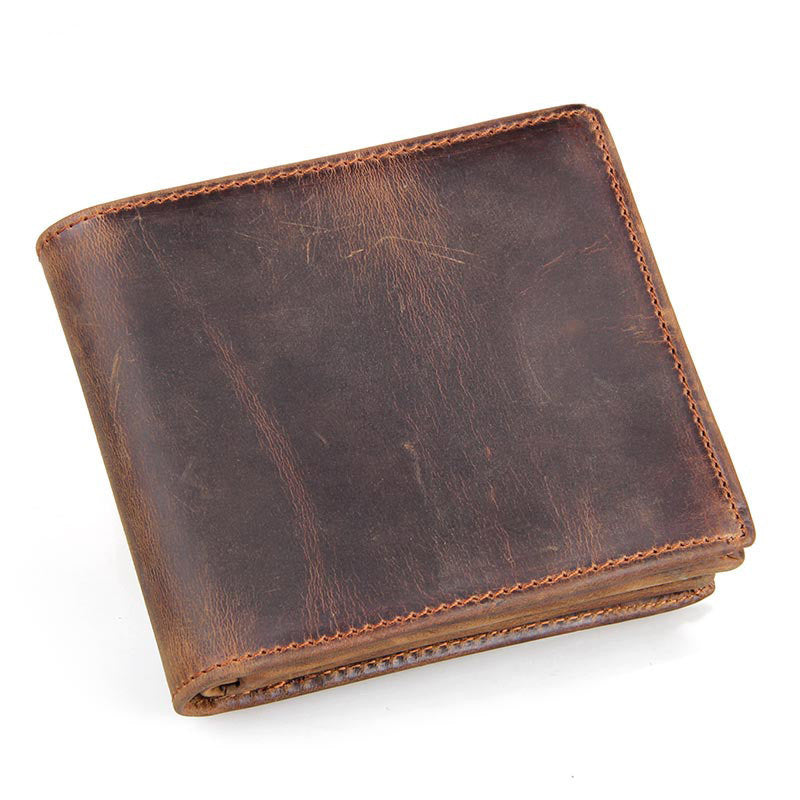 PureOnSkin Men's Luxury Top-Layer Cowhide Short Wallet Low-Chemical Bifold Zipper Wallet – Brown