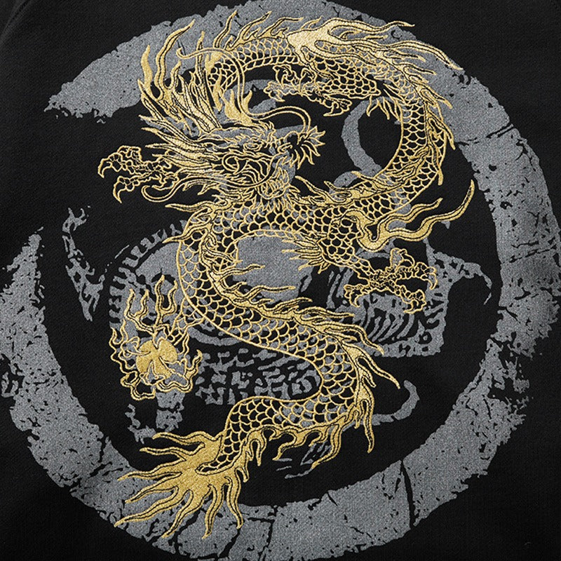 Men's Heavy Industry Embroidered Golden Dragon Pure Cotton Loose Hooded Sweatshirt