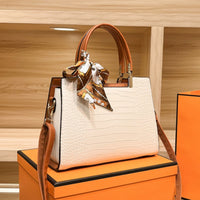 PureOnSkin Women's Elegant Crocodile Embossed Top Handle Handbag with Scarf High-Quality Low-Chemical Daily Shoulder Bag