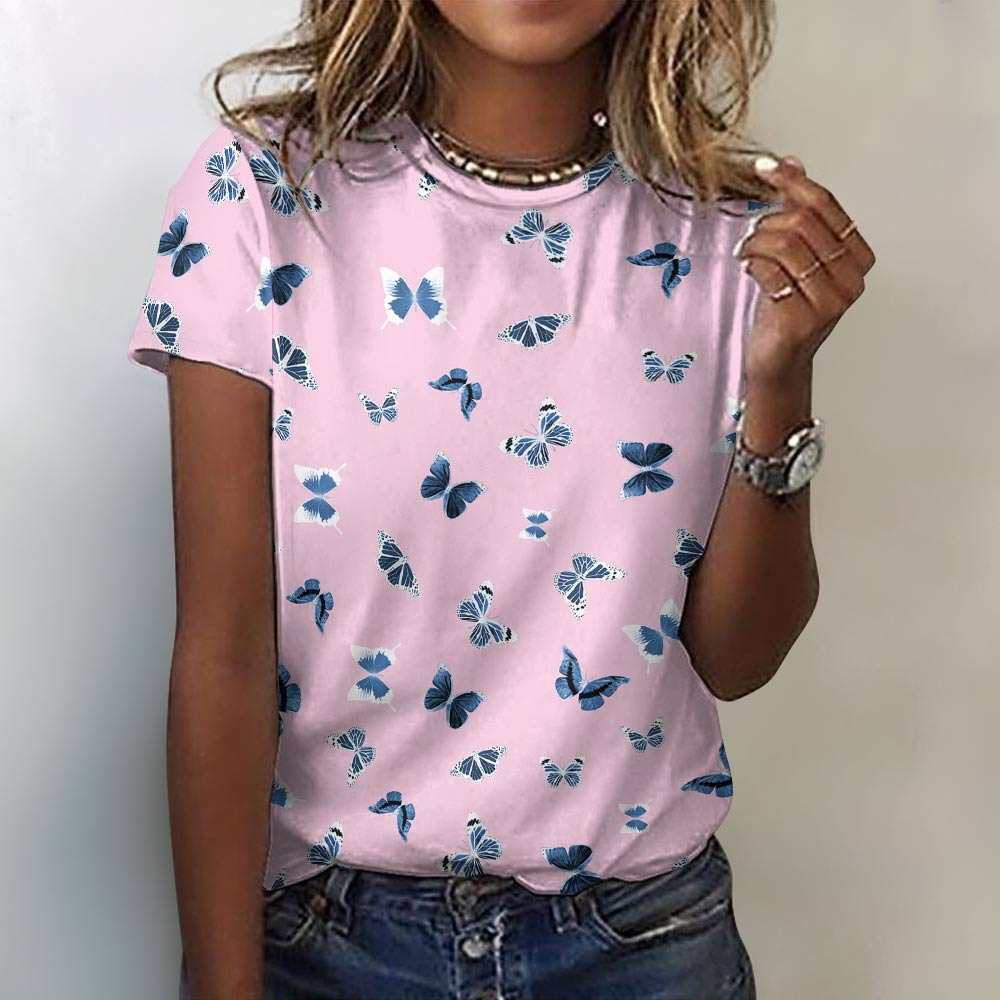 Women's 100% Pure Cotton Round Neck Butterfly Print Short Sleeve T-Shirt