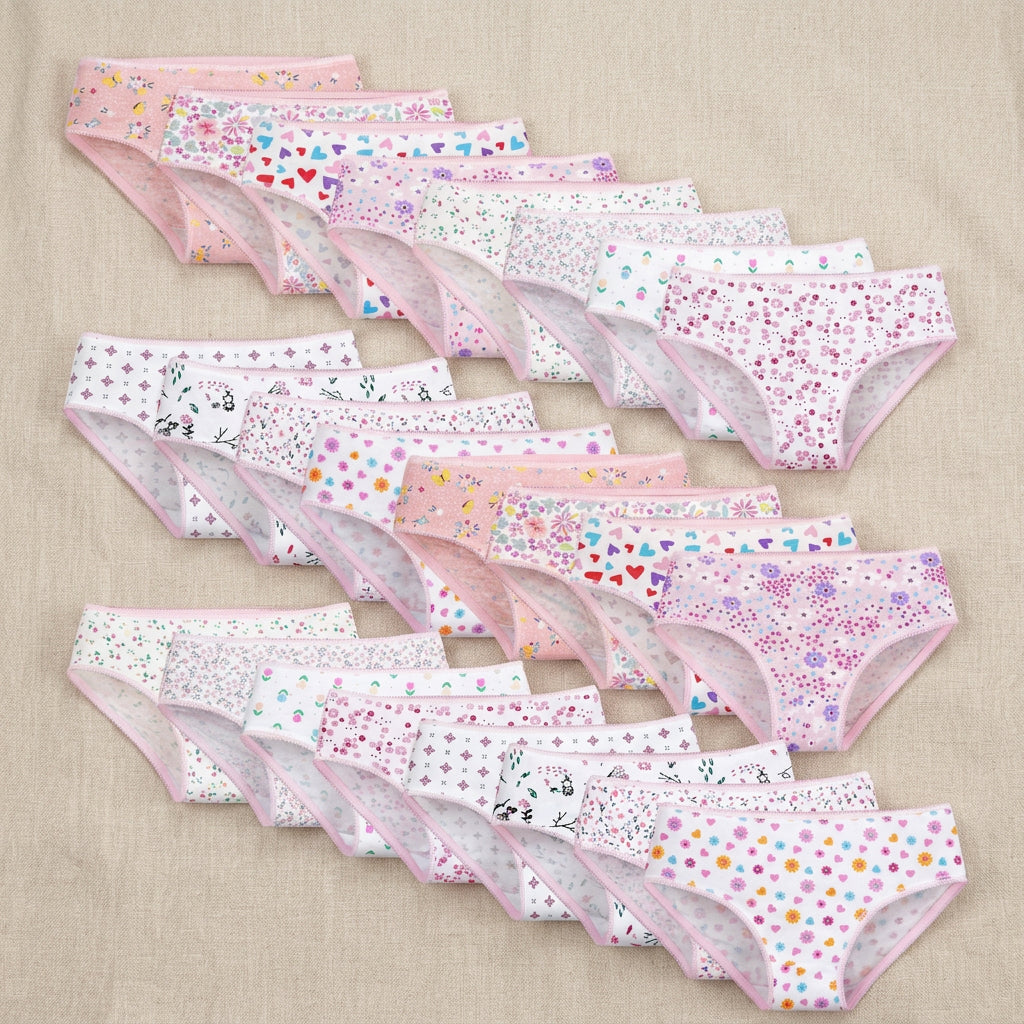 A set of 24 women's briefs from Zeksaf, arranged in diagonal rows on a white background. The collection features various pastel patterns including polka dots, floral prints, and cartoon characters in pink, white, and light blue.