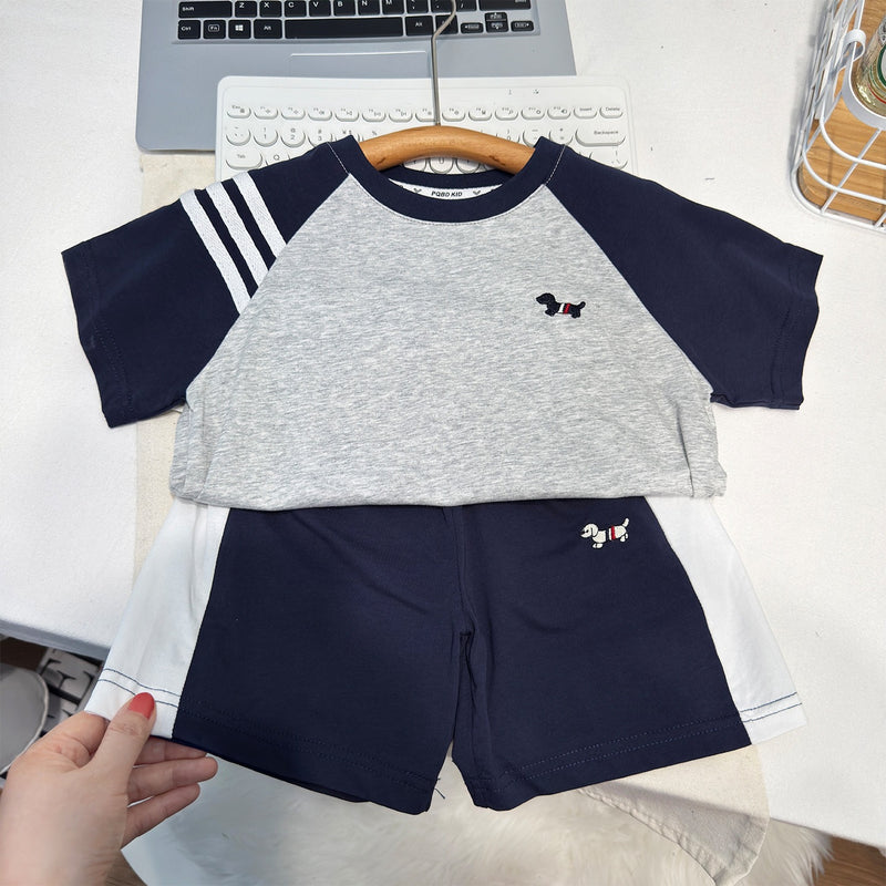 Boy's Two-Piece Set Summer Dog Print T-Shirt and Pants – Navy Blue