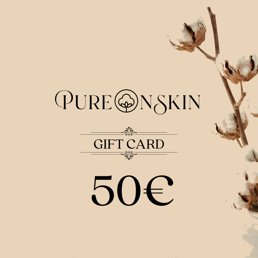 PureOnSkin gift card, perfect for giving loved ones clothing and home essentials made from gentle, breathable fabrics for sensitive skin.