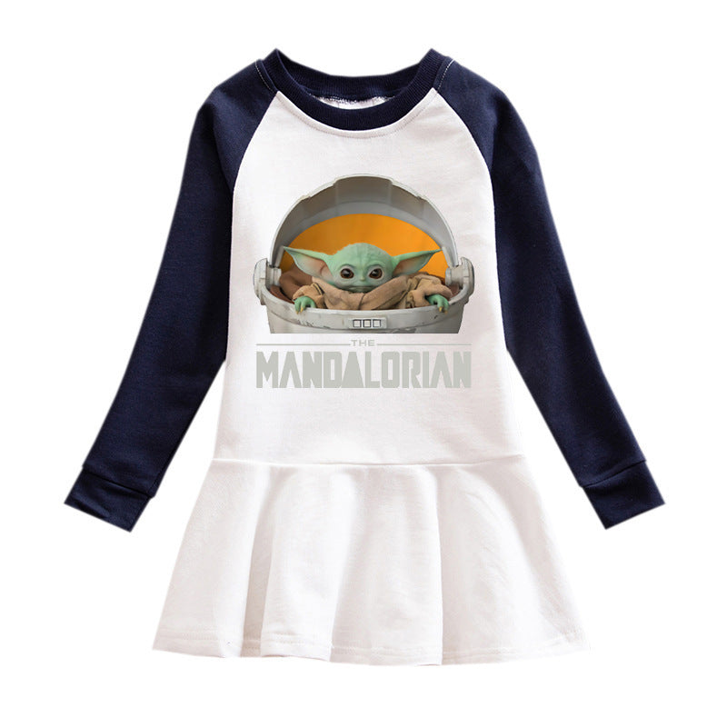 Cartoon Long Sleeve Cotton Dress – Navy blue