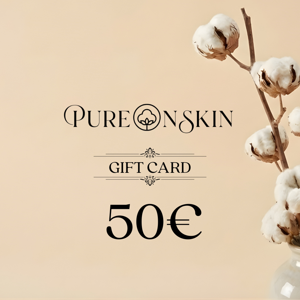 PureOnSkin gift card, perfect for giving loved ones clothing and home essentials made from gentle, breathable fabrics for sensitive skin.