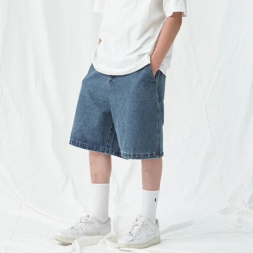 Men's Simple Loose Fit Mid-Rise Light Blue Cotton Denim Shorts