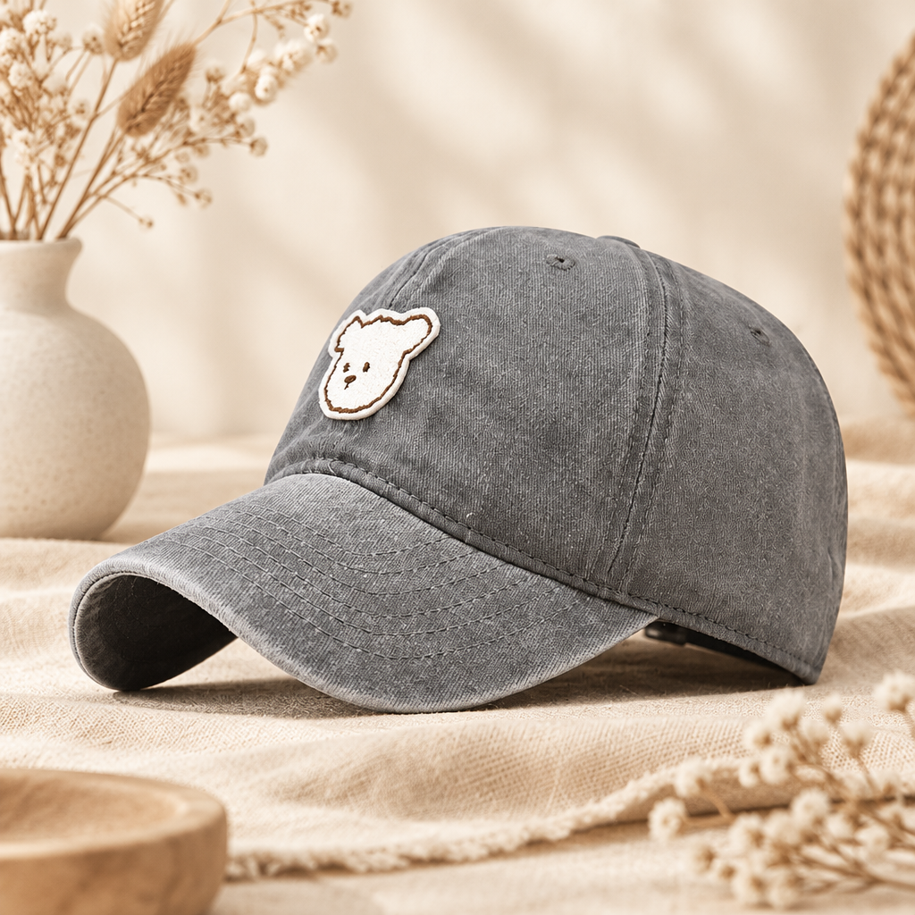 Unisex Pure Cotton Washed Cute Bear Embroidered Baseball Cap