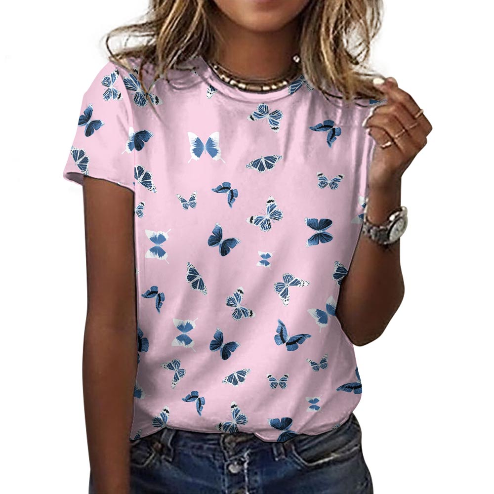 Women's 100% Pure Cotton Round Neck Butterfly Print Short Sleeve T-Shirt