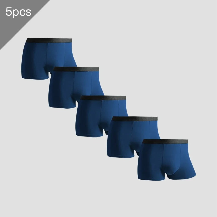 Five pairs of men's boxer briefs in dark blue, arranged diagonally on a light gray background, with a '5pcs' label in the top-left corner.