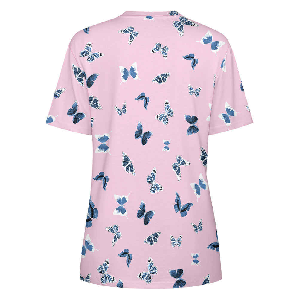 Women's 100% Pure Cotton Round Neck Butterfly Print Short Sleeve T-Shirt