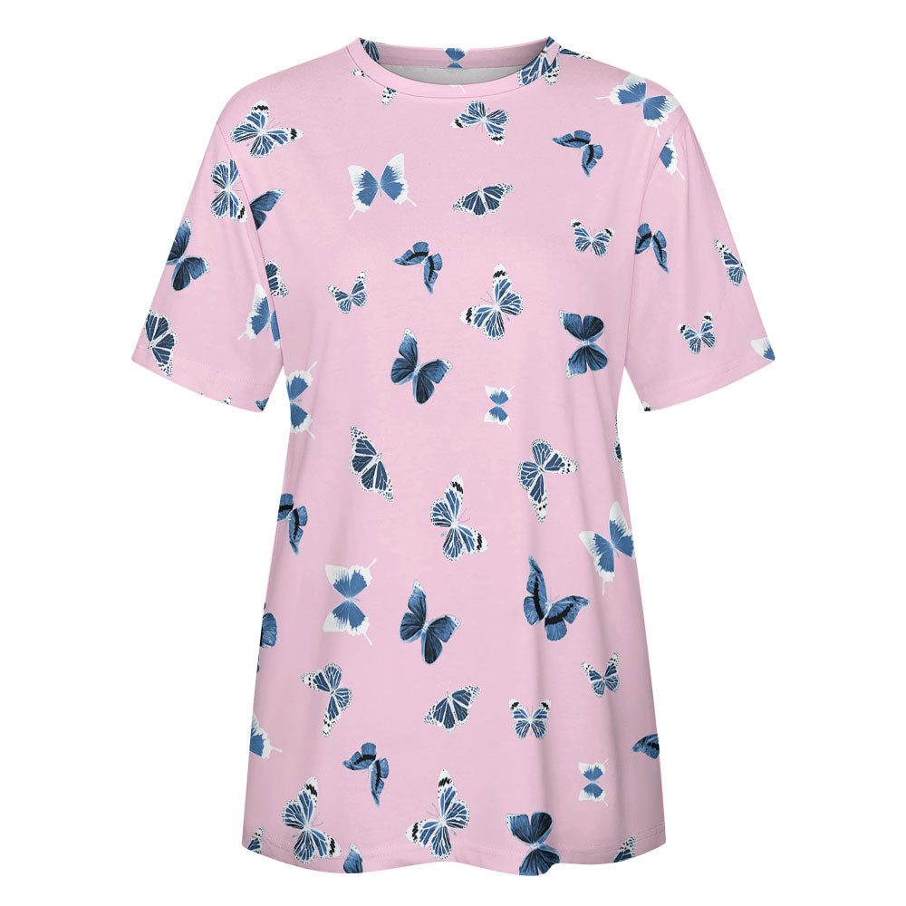 Women's 100% Pure Cotton Round Neck Butterfly Print Short Sleeve T-Shirt