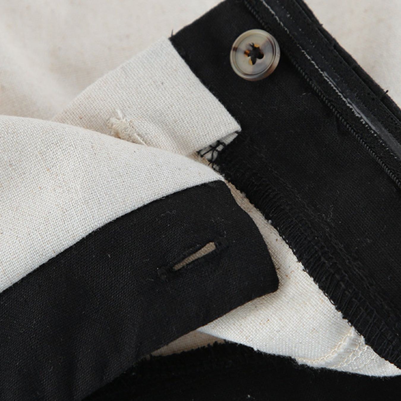 Close-up of a button on a black and white fabric garment.