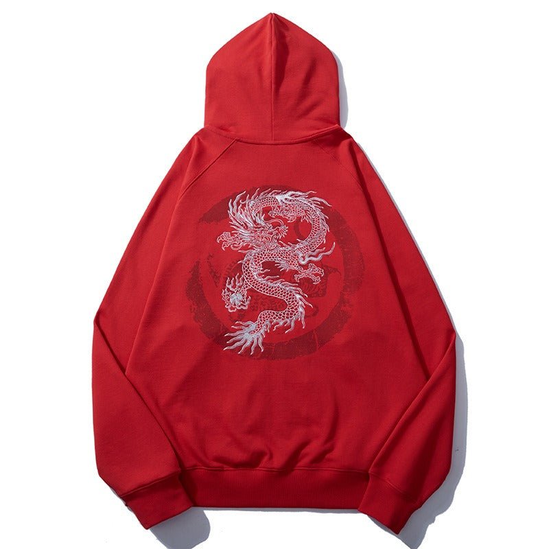 Men's Heavy Industry Embroidered Golden Dragon Pure Cotton Loose Hooded Sweatshirt