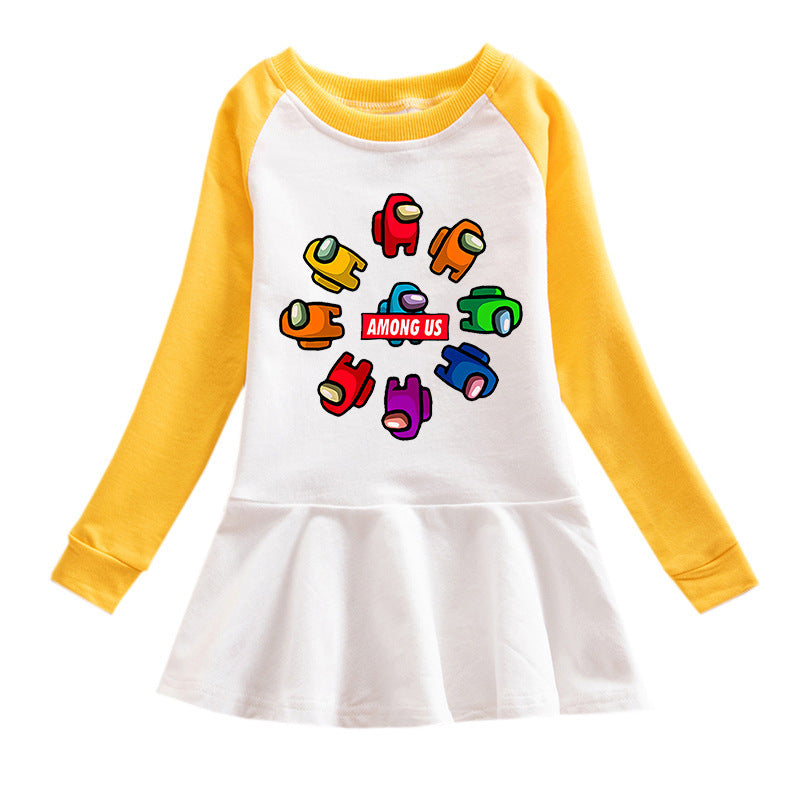 Girls Korean Style Cartoon Long Sleeve Dress – Yellow