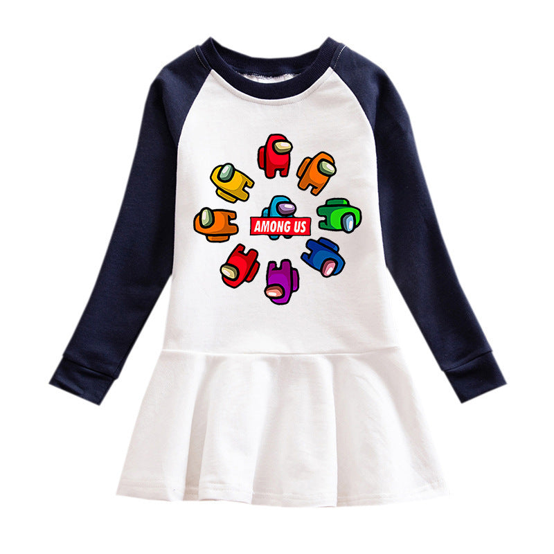 Girls Korean Style Cartoon Long Sleeve Dress – Navy blue