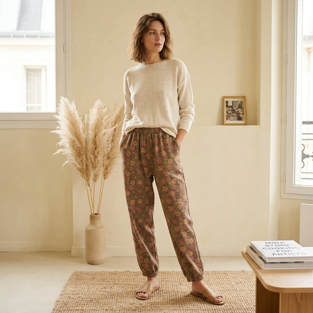 Floral patterned pants on a white surface with a cup and book in the background.