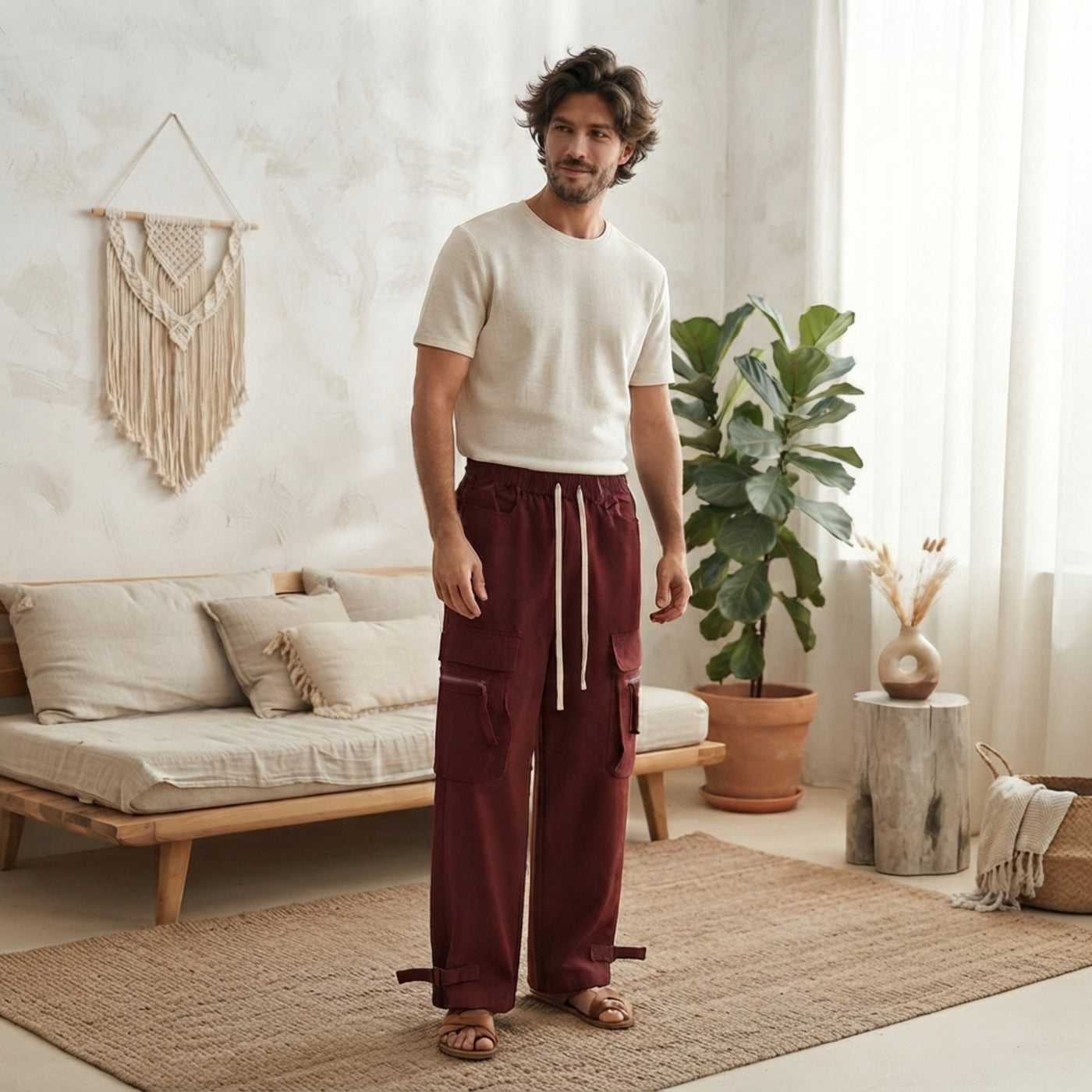PureOnSkin Men's Premium 100% Cotton Drawstring Wide Leg Cargo Pants Low-Friction Breathable Utility Trousers
