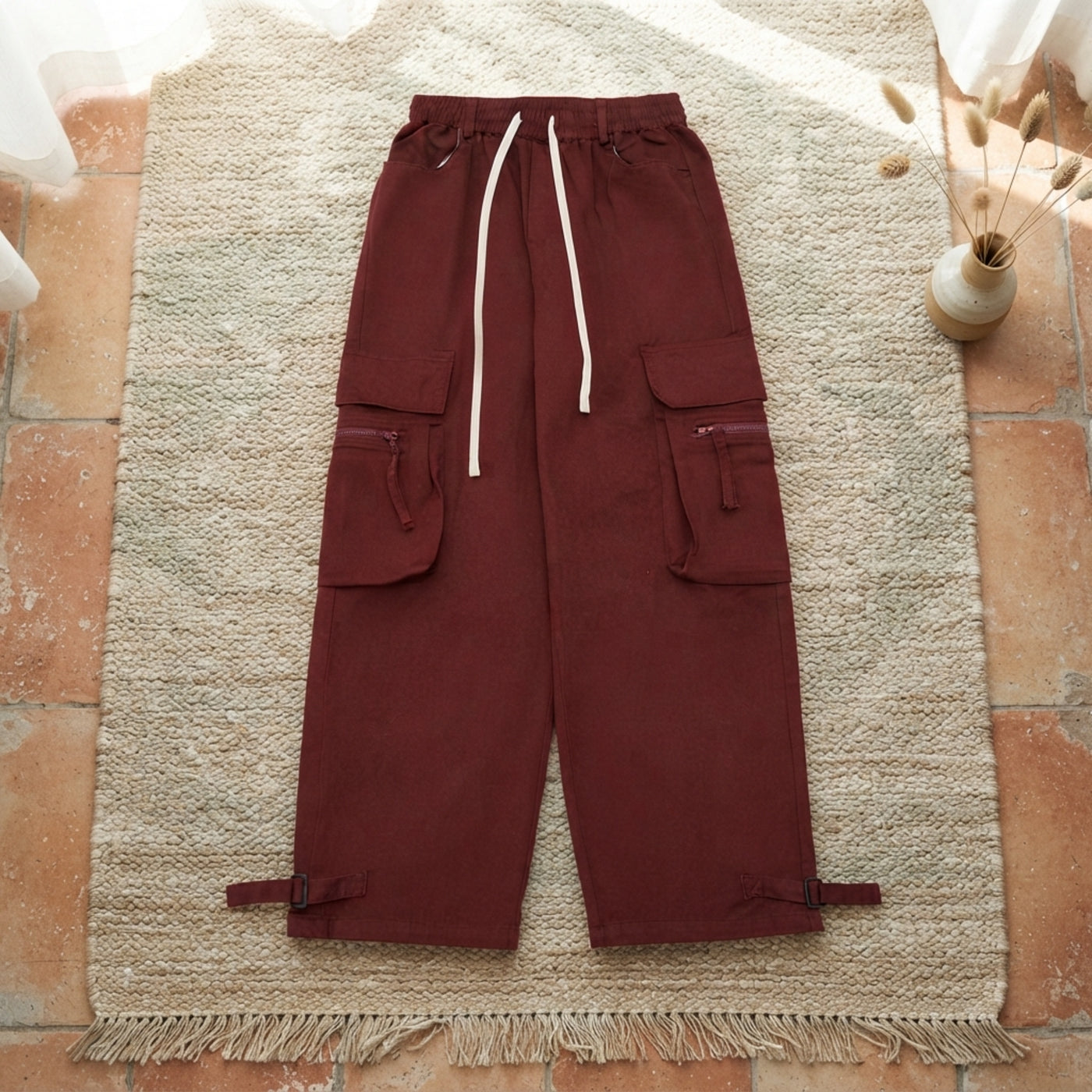 PureOnSkin Men's Premium 100% Cotton Drawstring Wide Leg Cargo Pants Low-Friction Breathable Utility Trousers
