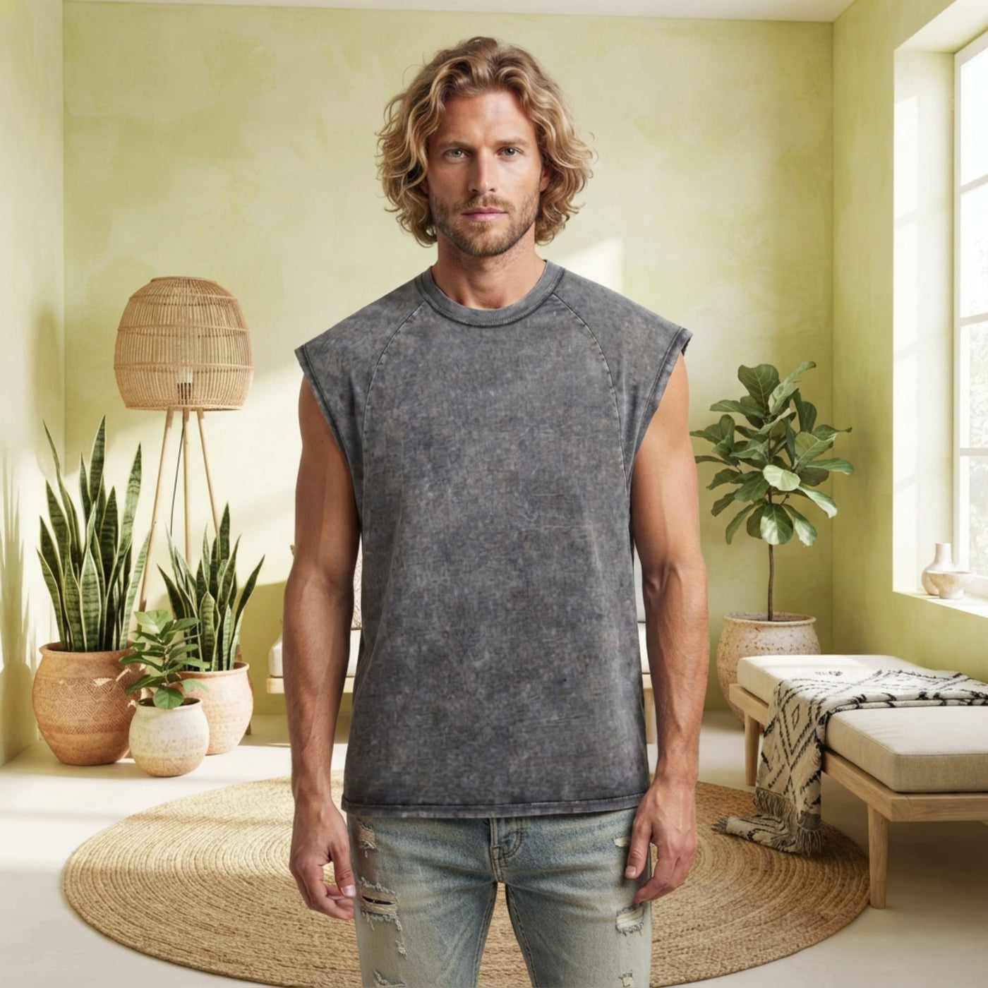 PureOnSkin Men's Premium 100% Cotton Oversized Tank Low-Friction Breathable Round Neck Top