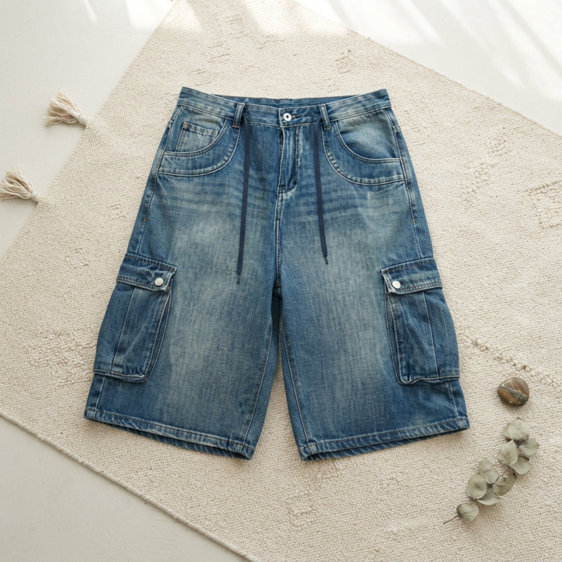 PureOnSkin Men's Premium 100% Cotton Relaxed Fit Cargo Denim Shorts Low-Friction Breathable Utility Shorts – Vintage Blue