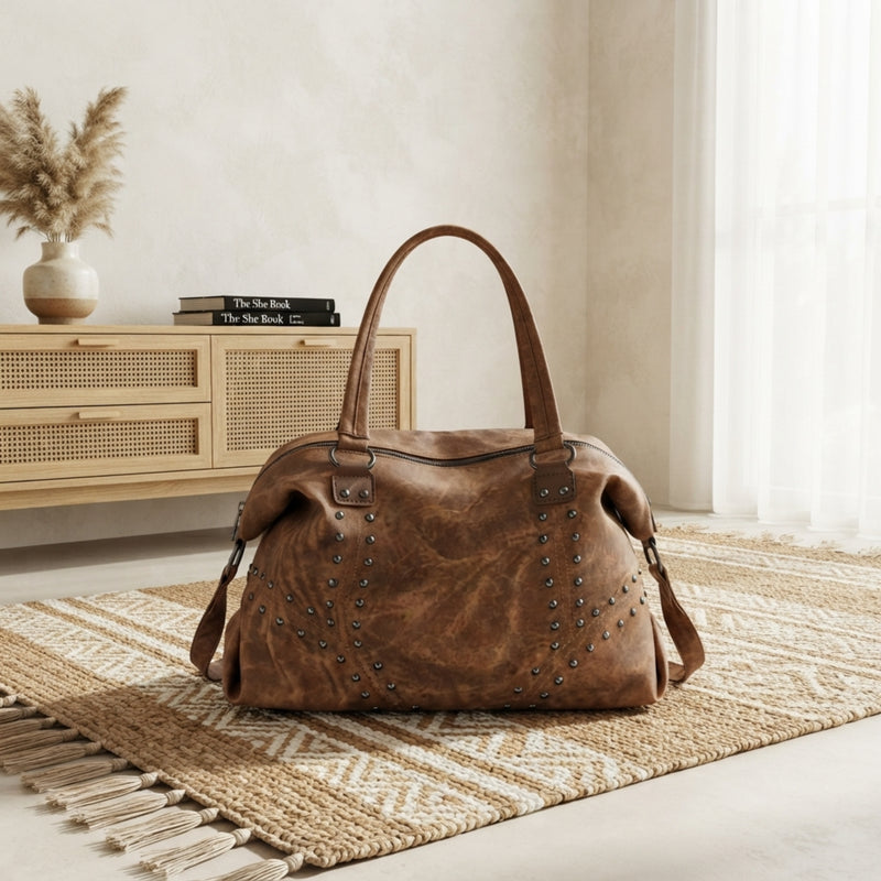 Studded Vintage-Style Shoulder Bag – Brown